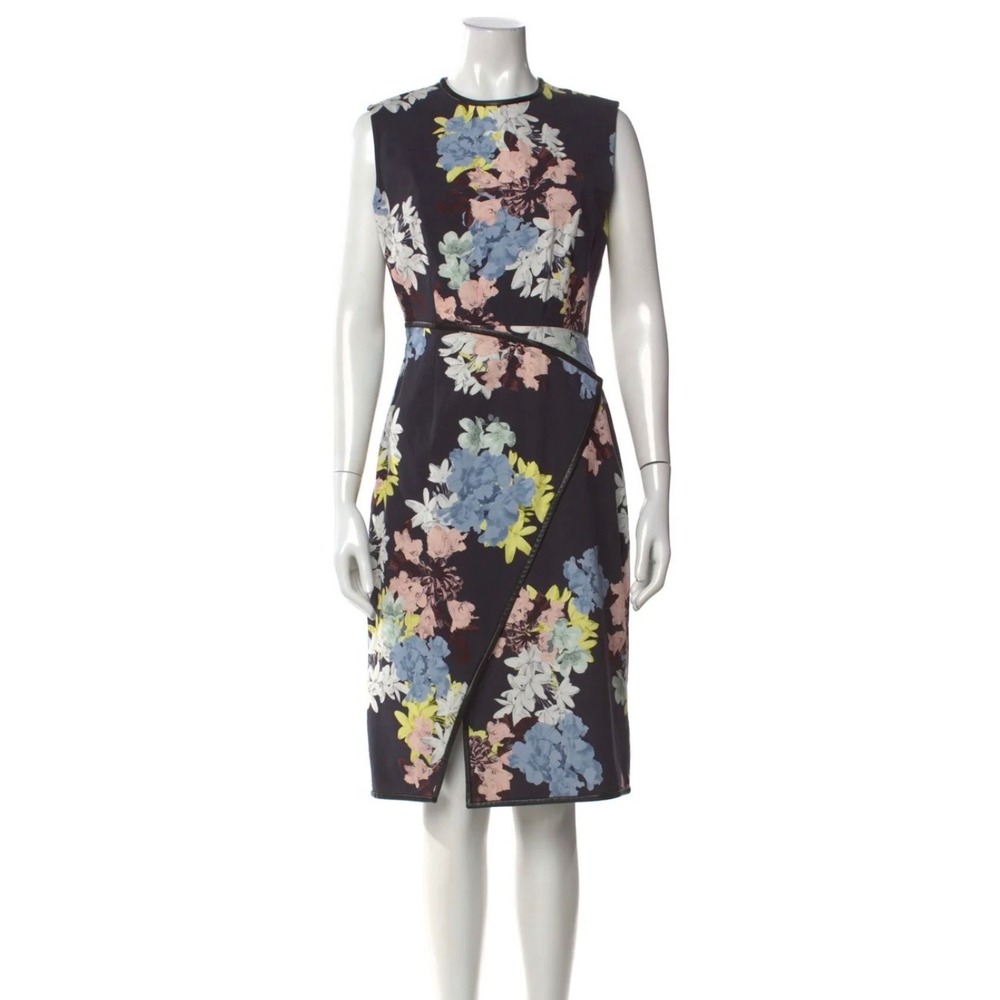Erdem Josette Floral Sleeveless Wrap Effect Dress Navy Blue Multi Womens Size 10